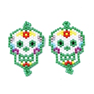 Handmade Seed Beads Links Connectors, with Elastic Thread, Loom Pattern, Sugar Skull, For Mexico Holiday Day of The Dead, Sea Green, 35~36x22~23x1.5~2mm, Hole: 1.5~2mm(SEED-I012-48B)
