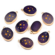 Natural Agate Pendants, with Light Gold Plated Brass Edge & Iorn Loops, Gold Powder, Dyed & Heated, Oval with Star Charm, Purple, 23~24x15~16.5x4~6.5mm, Hole: 1.6mm(G-N326-155F)