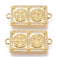 Brass Micro Pave Clear Cubic Zirconia Links Connectors, Long-Lasting Plated, Religion, Rectangle with Cross & Goddess, Golden, 32.5x16x3mm, Hole: 2.3mm(ZIRC-I044-04A)