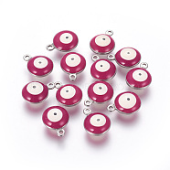 304 Stainless Steel Enamel Charms, Flat Round with Evil Eye, Stainless Steel Color, Medium Violet Red, 11x8x3.5mm, Hole: 1.5mm(STAS-O123-B-07P)