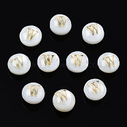 Natural Freshwater Shell Beads, with Golden Plated Brass Etched Metal Embellishments, Flat Round with Letter, Seashell Color, Letter.W, 6x4mm, Hole: 0.8mm(SHEL-S278-036W)