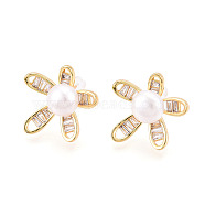 Flower Brass Natural Pearl Stud Earrings, with Clear Cubic Zirconia & 925 Sterling Silver Pins, Real 18K Gold Plated, 19.3x19~19.8mm, Pin: 0.7mm, Pearl: 8mm(PEAR-N020-05X)