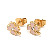 Enamel Clover with Crystal Rhinestone Stud Earrings with 316 Surgical Stainless Steel Pins, Gold Plated 304 Stainless Steel Jewelry for Women, Pink, 8.5x7mm, Pin: 0.8mm(EJEW-A081-12G-01)