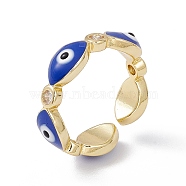 Enamel Evil Eye & Clear Cubic Zirconia Open Cuff Ring, Real 18K Gold Plated Brass Jewelry for Women, Lead Free & Cadmium Free, Blue, US Size 6 1/4(16.7mm)(RJEW-I086-02G-02)