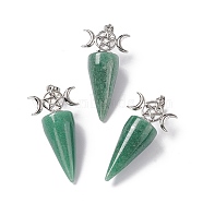 Natural Green Aventurine Pendants, Cone Charms, with Platinum Tone Brass Triple Moon with Star Findings, Cadmium Free & Nickel Free & Lead Free, 47~50x23x14.5~15mm, Hole: 7.5x5mm(G-P484-02P-02)
