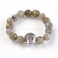 Natural Labradorite Stretch Rings, with Alloy Buddha Beads, Faceted, Round, Antique Silver, Size 8, 18mm(RJEW-JR00223-01)