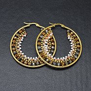 304 Stainless Steel Hoop Earrings, Beaded Hoop Earrings, with Glass Beads, Ring, Golden, Dark Goldenrod, 51.5x49x4mm(EJEW-O090-F05)