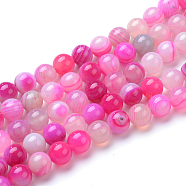 Natural Striped Agate/Banded Agate Bead Strands, Dyed, Round, Hot Pink, 8mm, Hole: 1mm, about 50pcs/strand, 15.7 inch(X-G-R412-21-8mm)