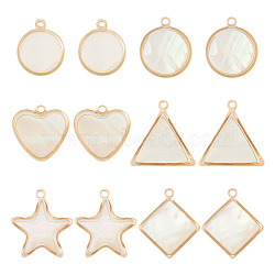 12Pcs 6 Styles Natural Shell Pendants, Geomatric Charms, with Golden Tone Alloy and Brass Findings, Flat Round & Star & Rhombus, Mixed Shapes, White, 14~18.5x12~17x2~5.5mm, Hole: 1.2~1.6mm, 2pcs/style(BSHE-TA0002-06)