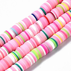 Handmade Polymer Clay Beads Strands, for DIY Jewelry Crafts Supplies, Heishi Beads, Disc/Flat Round, Pink, 8x0.5~1mm, Hole: 2mm, about 350~387pcs/strand, 15.75 inch~16.14 inch(40~41cm)(X-CLAY-R089-8mm-098)