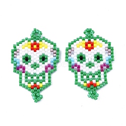 Handmade Seed Beads Links Connectors, with Elastic Thread, Loom Pattern, Sugar Skull, For Mexico Holiday Day of The Dead, Sea Green, 35~36x22~23x1.5~2mm, Hole: 1.5~2mm(SEED-I012-48B)