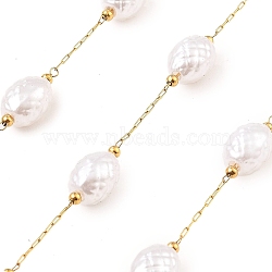 Ion Plating(IP) 304 Stainless Steel Paperclip Chains, Soldered, with ABS Imitation Pearl Beads, Real 18K Gold Plated, Real 18K Gold Plated, 10.5x8mm, about 16.40 Feet(5m)/Roll(CHS-P018-04G-G)