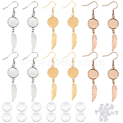 6 Pairs 6 Color Blank Clear Glass Dome Dangle Earrings, 304 Stainless Steel Feather Drop Earrings for Women, Mixed Color, 64mm, Pin: 0.6mm, 2 Pair/color(EJEW-AB00013)