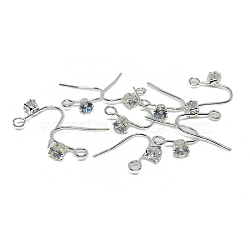 Brass Earring Hooks, Ear Wire, with Clear Cubic Zirconia & Horizontal Loops, Silver, 14.3x13mm, Pin: 1mm(FIND-SZC0013-375)