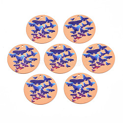 Spray Painted Iron Pendants, Rubberized Style, 3D Printed,  Butterfly Print Pattern, Flat Round, Coral, 25.5x0.8mm, Hole: 1.2mm(X-IFIN-T016-31)