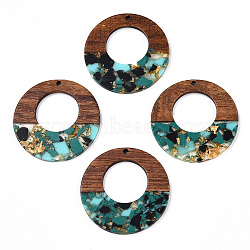 Transparent Resin & Walnut Wood Pendants, with Gold Foil, Donut Charms, Turquoise, 38x3mm, Hole: 2mm(RESI-TAC0017-74-A02)