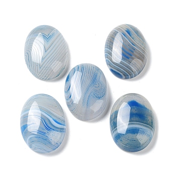 Natural Striped Agate/Banded Agate Cabochons, Dyed & Heated, Oval, Deep Sky Blue, 24.5~25x18x6.5~7mm