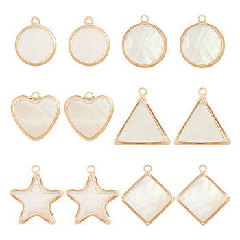 12Pcs 6 Styles Natural Shell Pendants, Geomatric Charms, with Golden Tone Alloy and Brass Findings, Flat Round & Star & Rhombus, Mixed Shapes, White, 14~18.5x12~17x2~5.5mm, Hole: 1.2~1.6mm, 2pcs/style