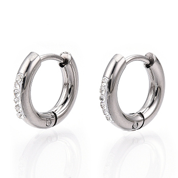 201 Stainless Steel Huggie Hoop Earrings, with 304 Stainless Steel Pins and Crystal Rhinestone, Ring, Stainless Steel Color, 13.5x2.5mm, Pin: 1mm