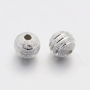 Textured Round Brass Beads, Silver Color Plated, 8mm, Hole: 1.2mm