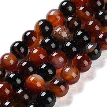Natural Striped Agate/Banded Agate Beads Strands, Dyed, Round, Chocolate, 10mm, Hole: 1.2mm, about 19pcs/strand, 7.60''(19.3cm)