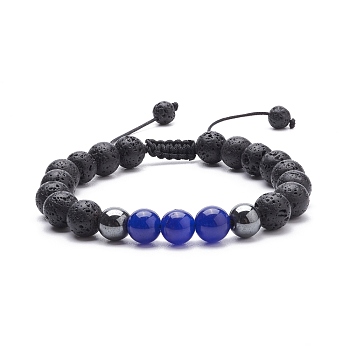 Natural Malaysia Jade(Dyed) & Lava Rock & Synthetic Hematite Braided Bead Bracelet, Essential Oil Gemstone Jewelry for Women, Blue, Inner Diameter: 2-1/8~3-1/4 inch(5.4~8.3cm)