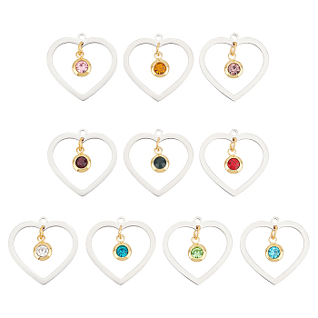 10Pcs 10 Colors 201 Stainless Steel Pendants, with Rhinestone, Heart with Flat Round, Mixed Color, 23x24x1mm, Hole: 1.6mm, 1pc/color