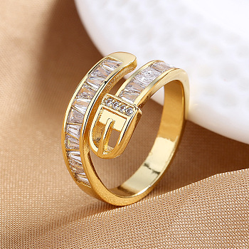 Belt Shaped Brass Micro Pave Clear Cubic Zirconia Cuff Rings, Golden, Inner Diameter: Adjustable
