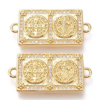 Brass Micro Pave Clear Cubic Zirconia Links Connectors, Long-Lasting Plated, Religion, Rectangle with Cross & Goddess, Golden, 32.5x16x3mm, Hole: 2.3mm