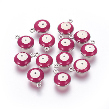 304 Stainless Steel Enamel Charms, Flat Round with Evil Eye, Stainless Steel Color, Medium Violet Red, 11x8x3.5mm, Hole: 1.5mm