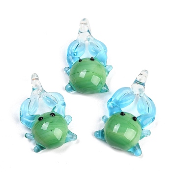 Handmade Lampwork Pendants, Crab, Green, 36~40x23~25x9~10.5mm, Hole: 4.5~6mm