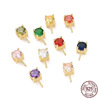 925 Sterling Silver Peg Bails, with Cubic Zirconia, Square, Golden, Mixed Color, 9x4x4.5mm, Hole: 2.5x1.5mm, Pin: 0.6mm