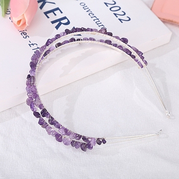 Double Row Natural Amethyst Chip Hair Bands, Hair Accessories for Bridal, with Metal Hair Hoop, 150x125x23mm