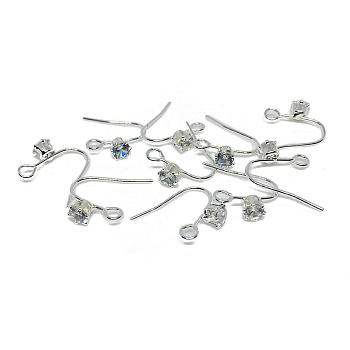 Brass Earring Hooks, Ear Wire, with Clear Cubic Zirconia & Horizontal Loops, Silver, 14.3x13mm, Pin: 1mm