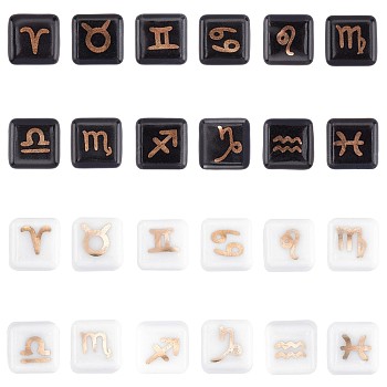 PandaHall Elite European Porcelain Beads, Cube with Printed Constellations, 12 Constellations, 10~10.5x10~10.5x10~10.5mm, Hole: 4mm, 24pcs/box