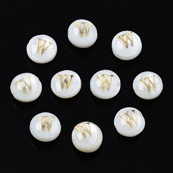 Natural Freshwater Shell Beads, with Golden Plated Brass Etched Metal Embellishments, Flat Round with Letter, Seashell Color, Letter.W, 6x4mm, Hole: 0.8mm
