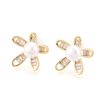 Flower Brass Natural Pearl Stud Earrings, with Clear Cubic Zirconia & 925 Sterling Silver Pins, Real 18K Gold Plated, 19.3x19~19.8mm, Pin: 0.7mm, Pearl: 8mm