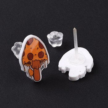 Acrylic Cartoon Mushroom Stud Earrings with Platic Pins for Women, Dark Orange, 14x10.5mm, Pin: 1mm
