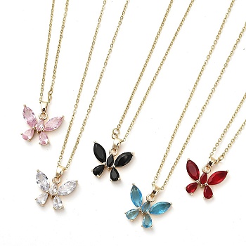 Butterfly Glass Pendant Necklaces, with Light Gold Brass Cable Chains, Mixed Color, 16.06 inch(40.8cm)