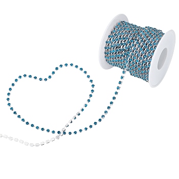 SUNNYCLUE Brass Rhinestone Strass Chains, with Spool, Rhinestone Cup Chain, Grade A, Silver, Blue Zircon, 3.1mm, about 10 yards/roll, 1 roll