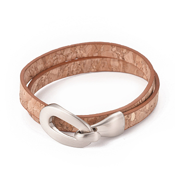 Imitation Leather Wrap Bracelets, 2-Loops, with Alloy Clasps, Oval, Platinum, Sandy Brown, 15-1/8 inch(38.7cm), 8x2.5mm