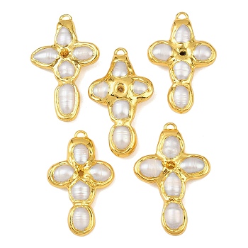 Natural Pearl Pendants, with Brass Findings, Cross Charms, White, Golden, 41~44x25~27x7~8mm, Hole: 1.8x2.8mm