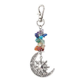 Natural & Synthetic Mixed Gemstone Chip Pendant Decorations, with Alloy Pendants and Swivel Clasps, Moon, Sun, 113mm