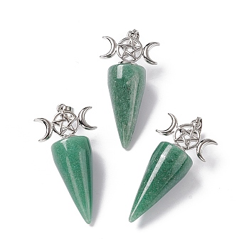 Natural Green Aventurine Pendants, Cone Charms, with Platinum Tone Brass Triple Moon with Star Findings, Cadmium Free & Nickel Free & Lead Free, 47~50x23x14.5~15mm, Hole: 7.5x5mm
