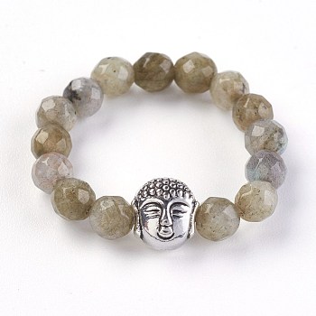 Natural Labradorite Stretch Rings, with Alloy Buddha Beads, Faceted, Round, Antique Silver, Size 8, 18mm