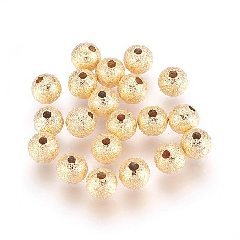 Brass Textured Beads, Real 18K Gold Plated, Round, 6mm, Hole: 1mm