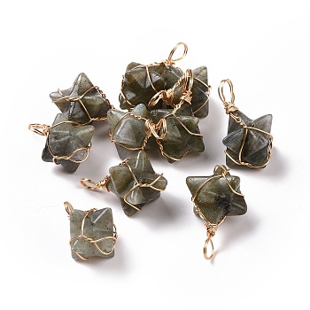 Natural Labradorite Copper Wire Wrapped Pendants, Merkaba Star Charms, Golden, 26~31x20~21x13~15mm, Hole: 5~5.5mm