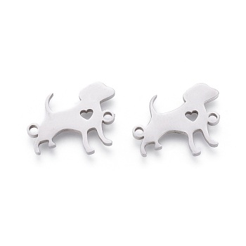 201 Stainless Steel Puppy Links connectors, Manual Polishing, Dog Silhouette with Heart, Stainless Steel Color, 13x16x1.5mm, Hole: 1.2mm