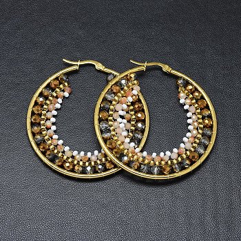 304 Stainless Steel Hoop Earrings, Beaded Hoop Earrings, with Glass Beads, Ring, Golden, Dark Goldenrod, 51.5x49x4mm