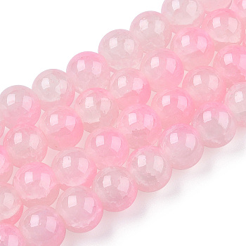 Crackle Baking Painted Imitation Jade Glass Beads Strands, Two Tone, Round, Pink, 10mm, Hole: 1.4mm, about 80pcs/strand, 30.87''(78.4cm)